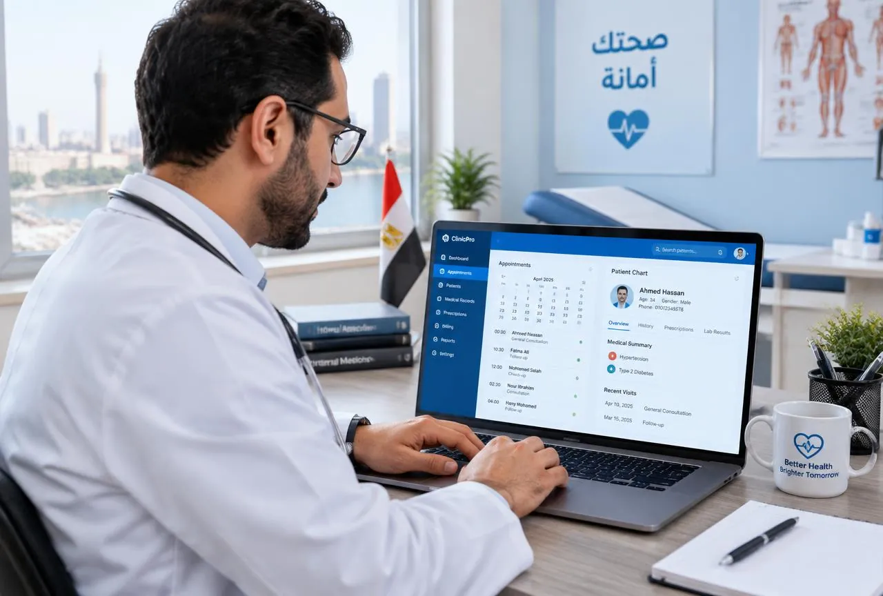طبيب يستخدم لوحة تحكم عيادات MG Health