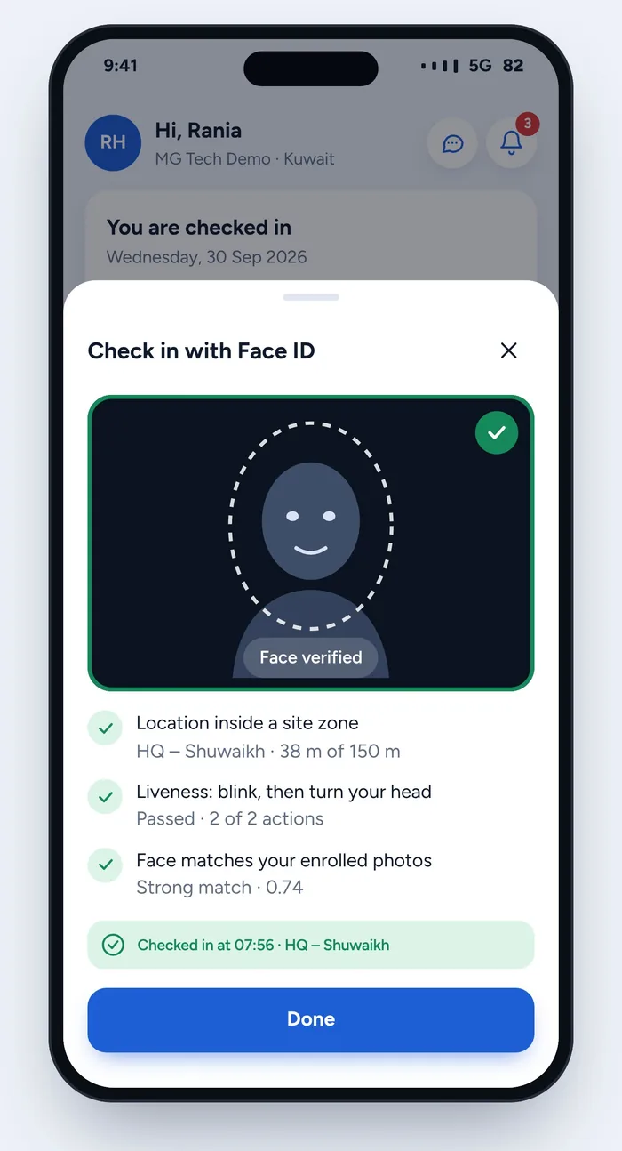 Face ID check-in screen in MG People